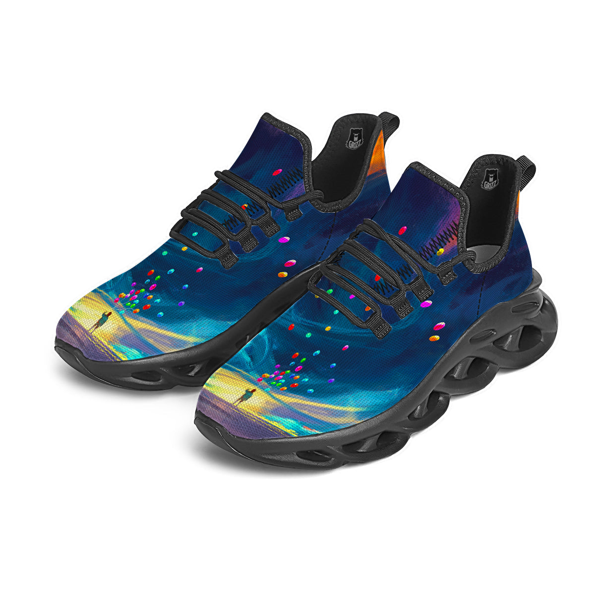 Watercolor Balloons And Storm Print Black Running Shoes-grizzshop