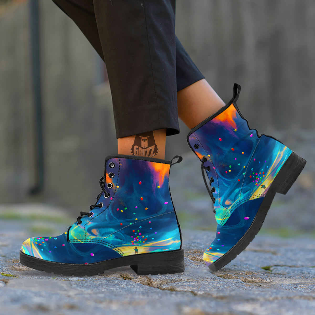 Watercolor Balloons And Storm Print Leather Boots-grizzshop