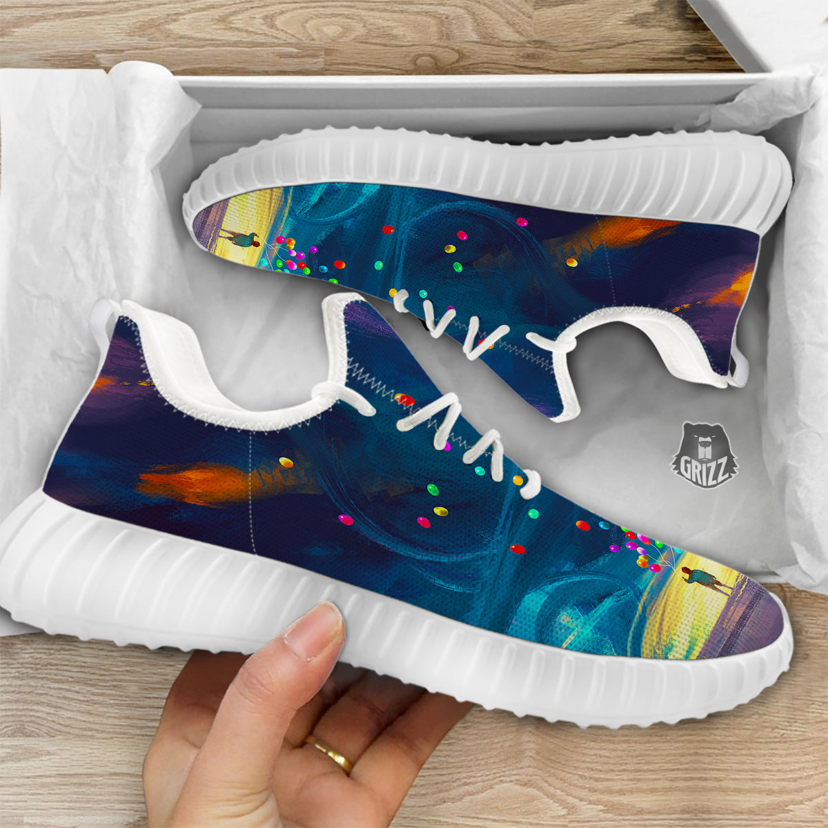 Watercolor Balloons And Storm Print White Walking Shoes-grizzshop