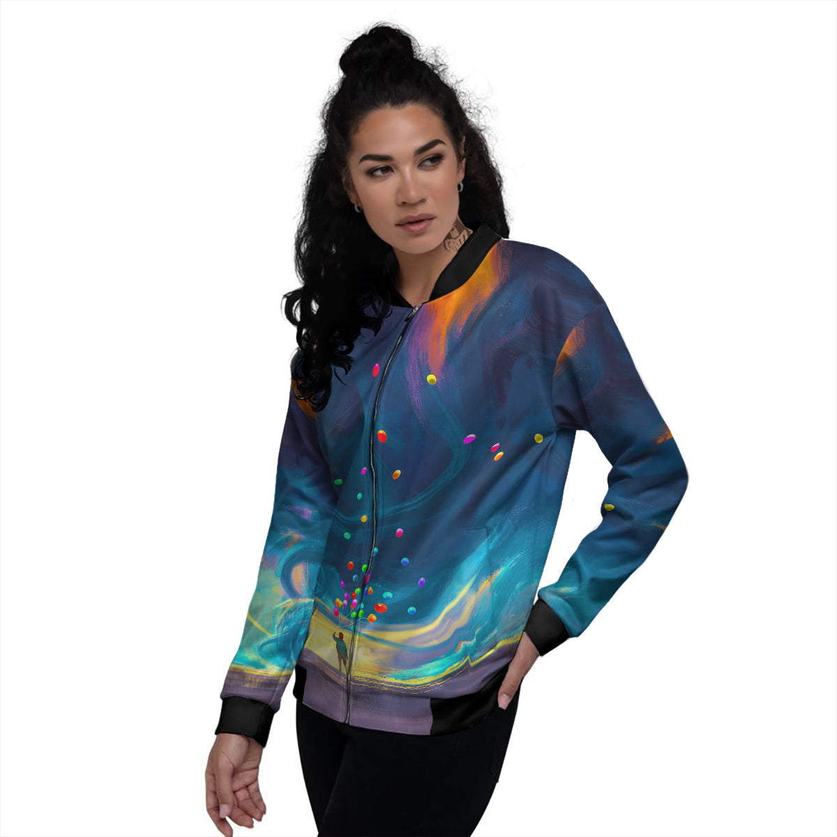 Watercolor Balloons And Storm Print Women's Bomber Jacket-grizzshop