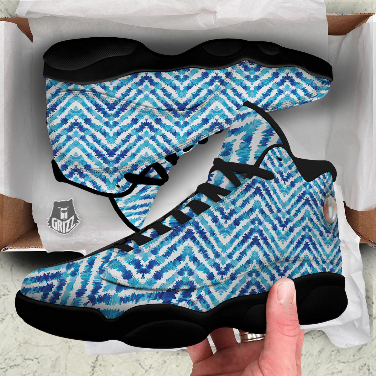 Watercolor Blue Zigzag Print Pattern Black Basketball Shoes-grizzshop