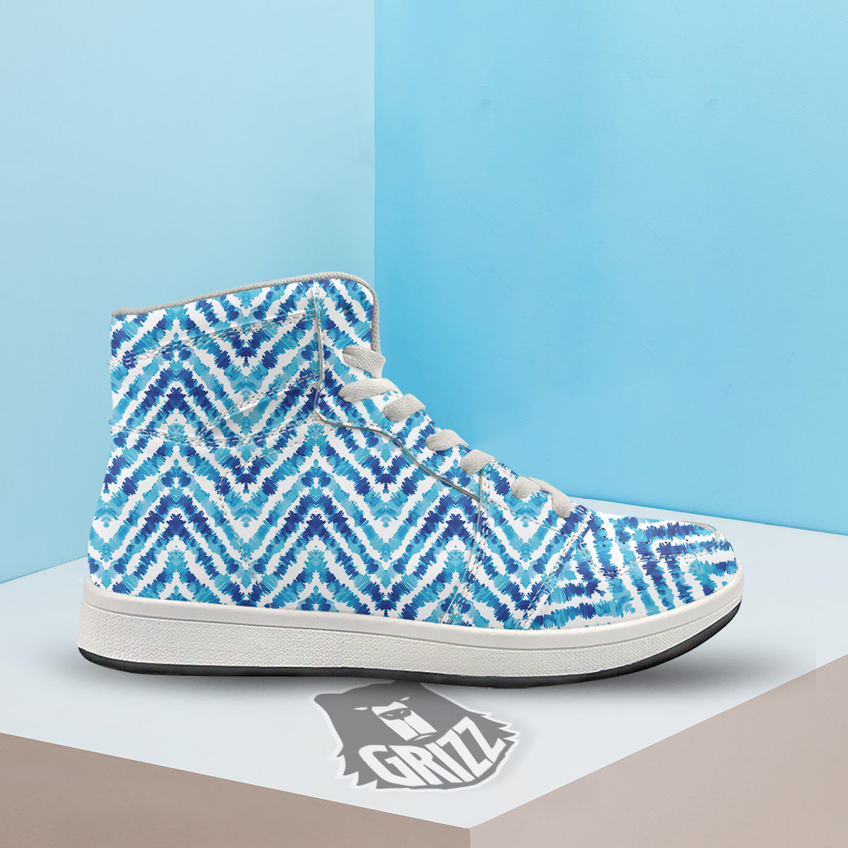 Watercolor Blue Zigzag Print Pattern High Top Sneakers-grizzshop