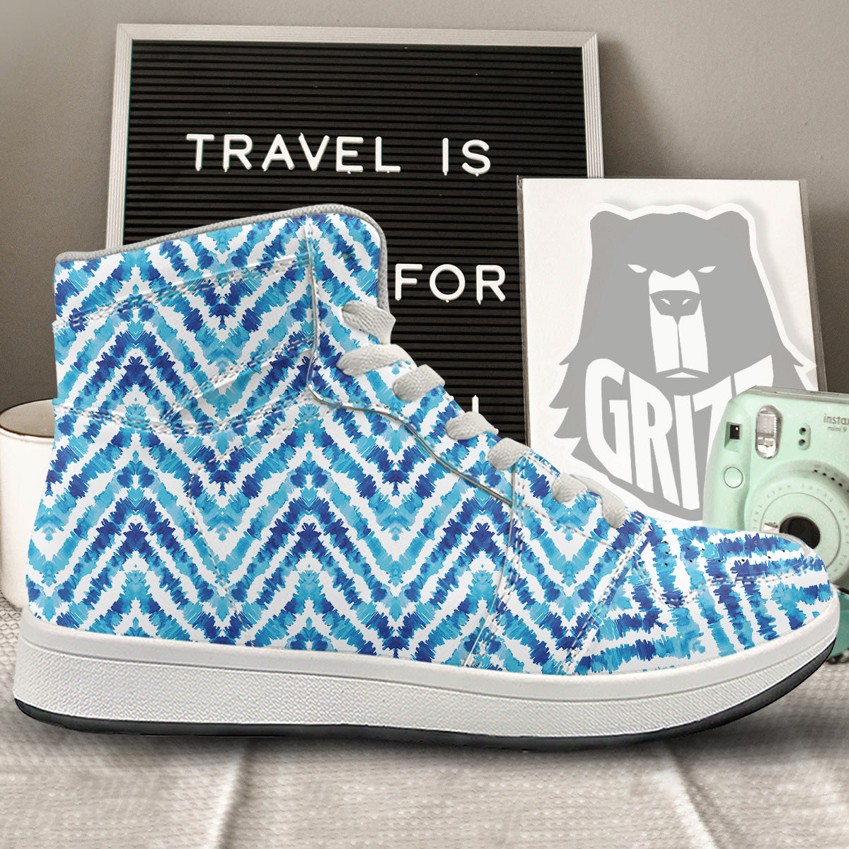 Watercolor Blue Zigzag Print Pattern High Top Sneakers-grizzshop