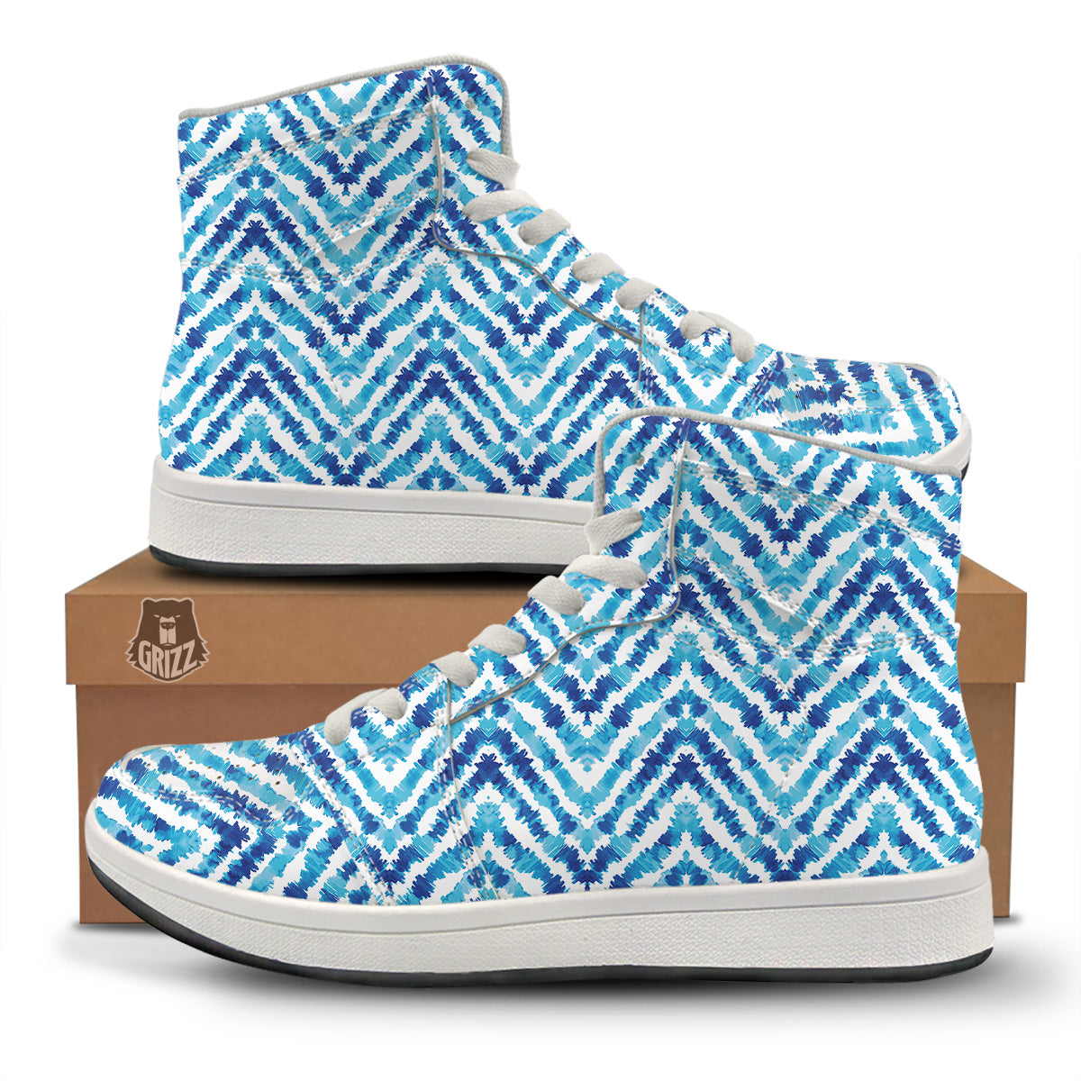 Watercolor Blue Zigzag Print Pattern High Top Sneakers-grizzshop