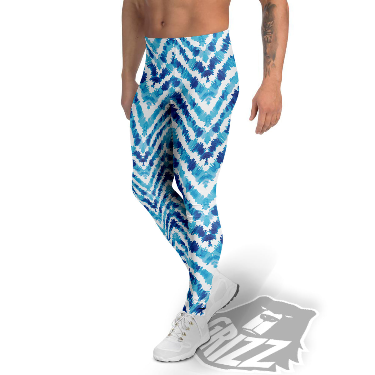 Watercolor Blue Zigzag Print Pattern Men's Leggings-grizzshop