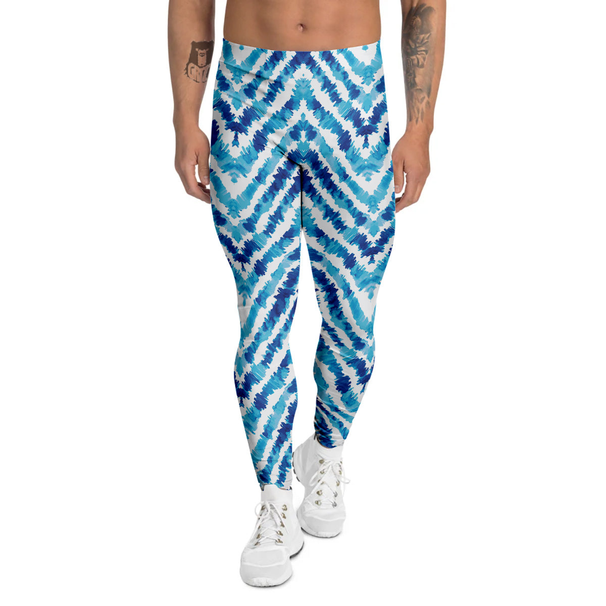 Watercolor Blue Zigzag Print Pattern Men's Leggings-grizzshop
