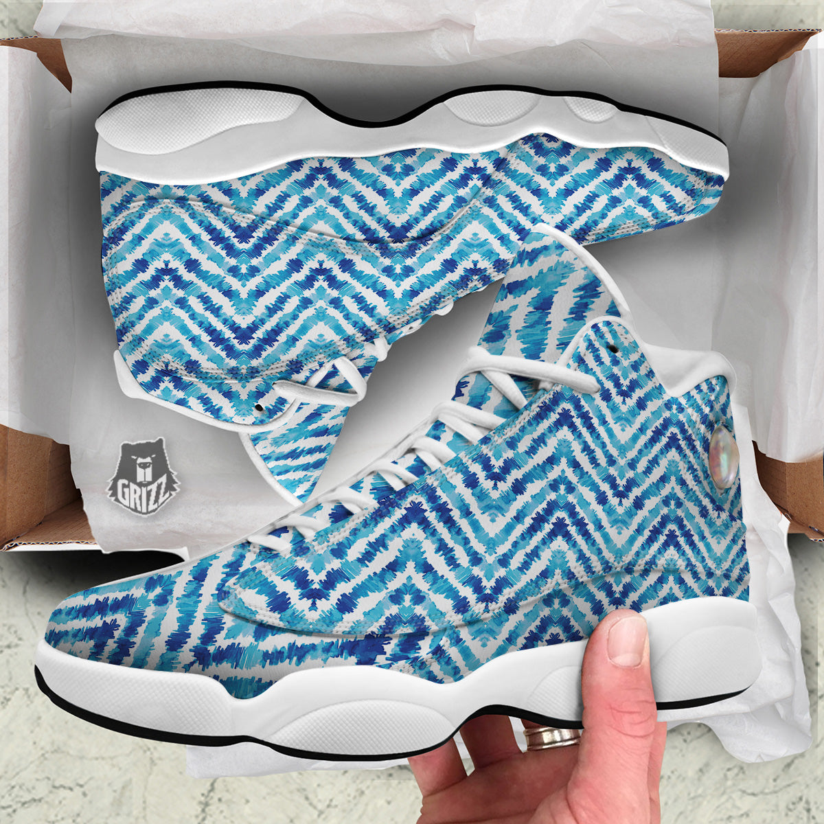 Watercolor Blue Zigzag Print Pattern White Basketball Shoes-grizzshop