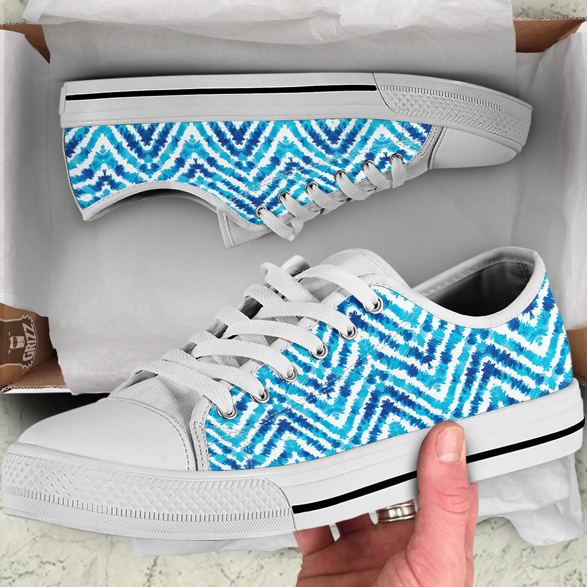 Watercolor Blue Zigzag Print Pattern White Low Top Shoes-grizzshop
