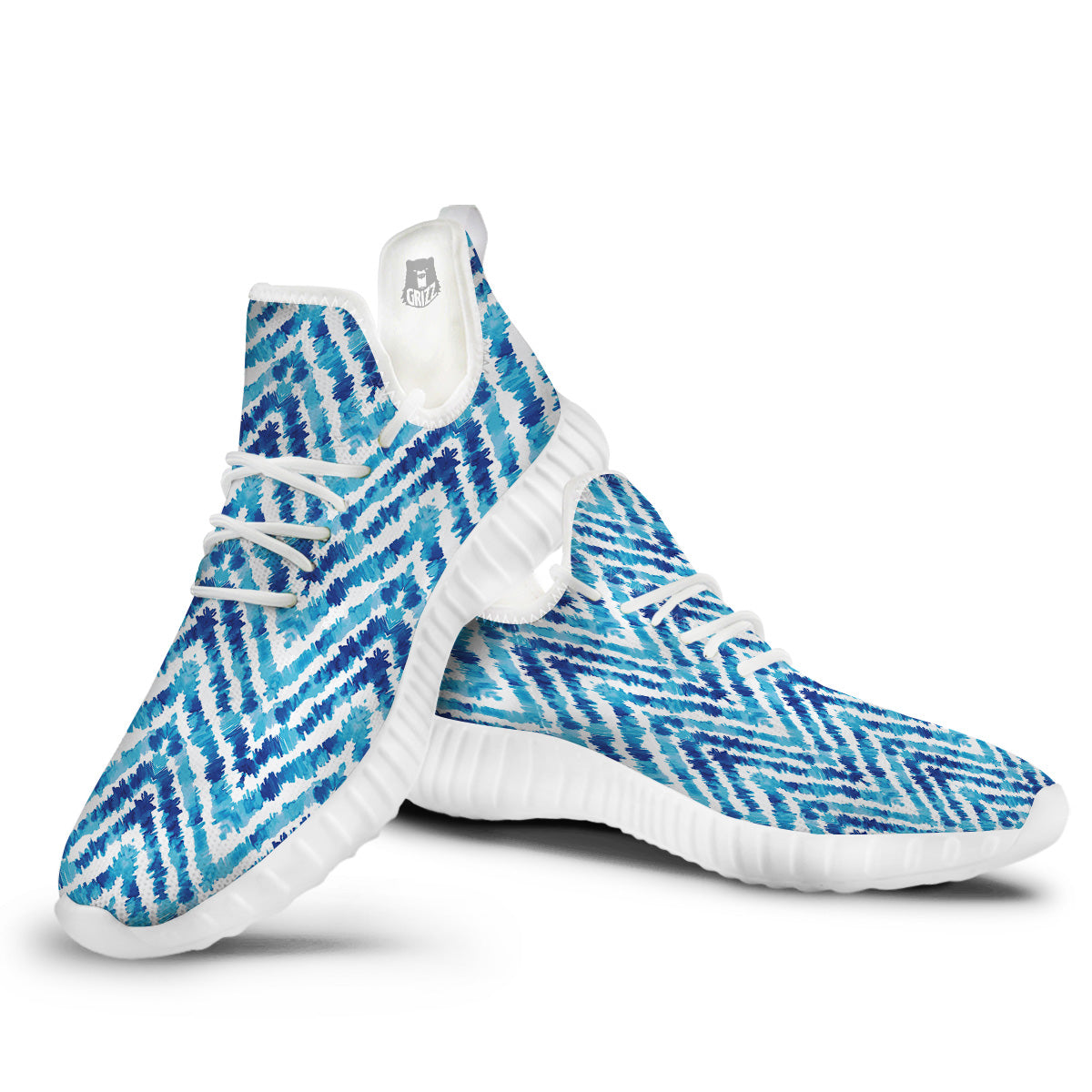 Watercolor Blue Zigzag Print Pattern White Walking Shoes-grizzshop