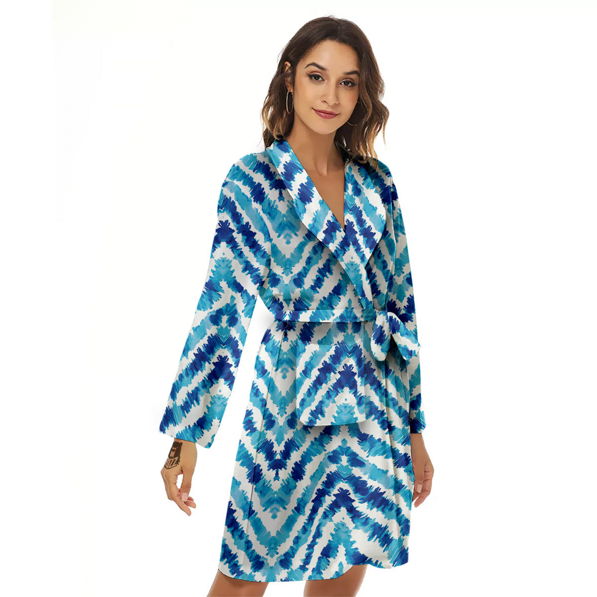 Watercolor Blue Zigzag Print Pattern Women's Robe-grizzshop