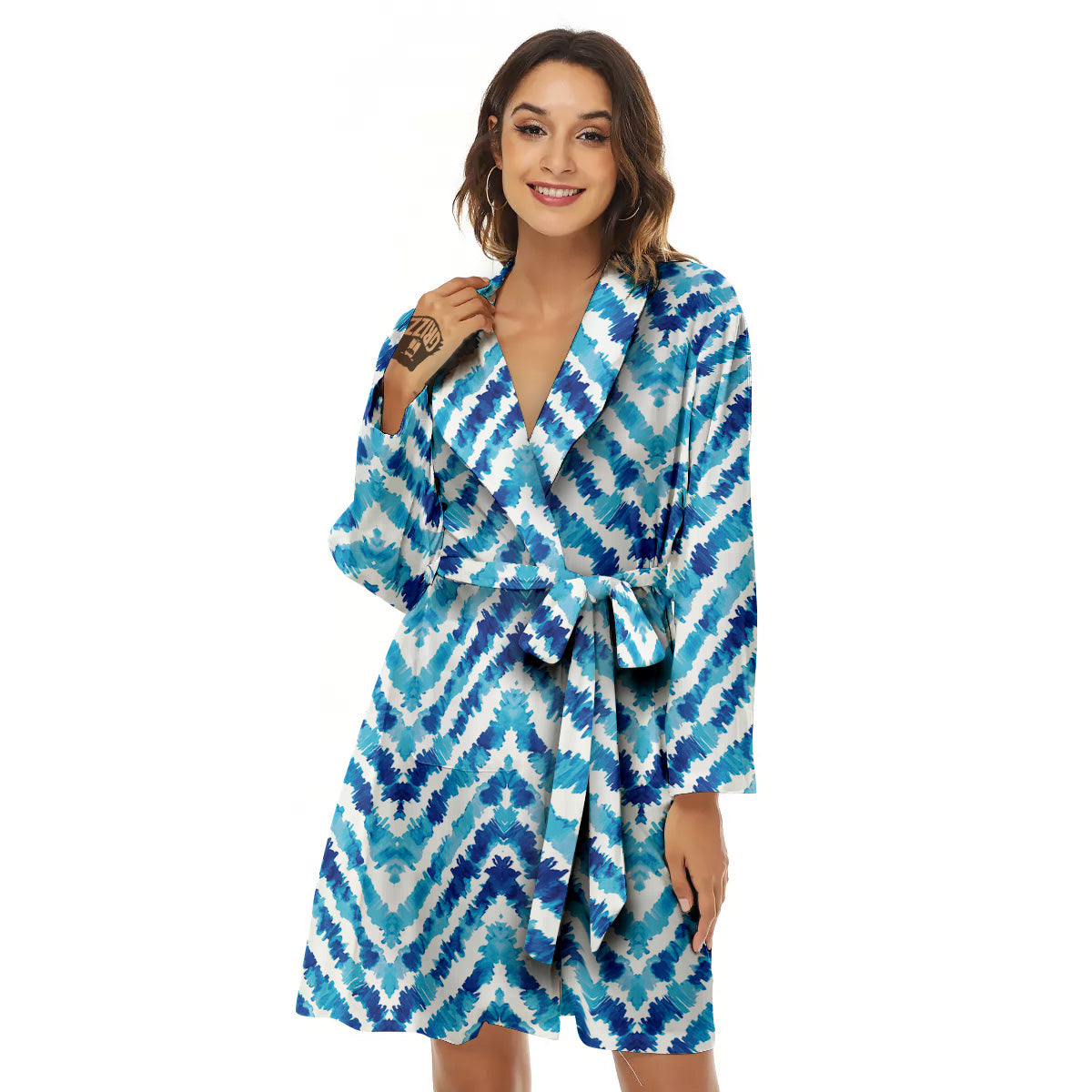Watercolor Blue Zigzag Print Pattern Women's Robe-grizzshop