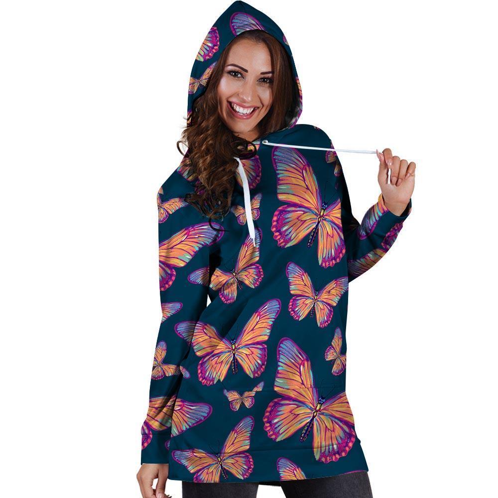 Watercolor Butterfly Print Hoodie Dress-grizzshop