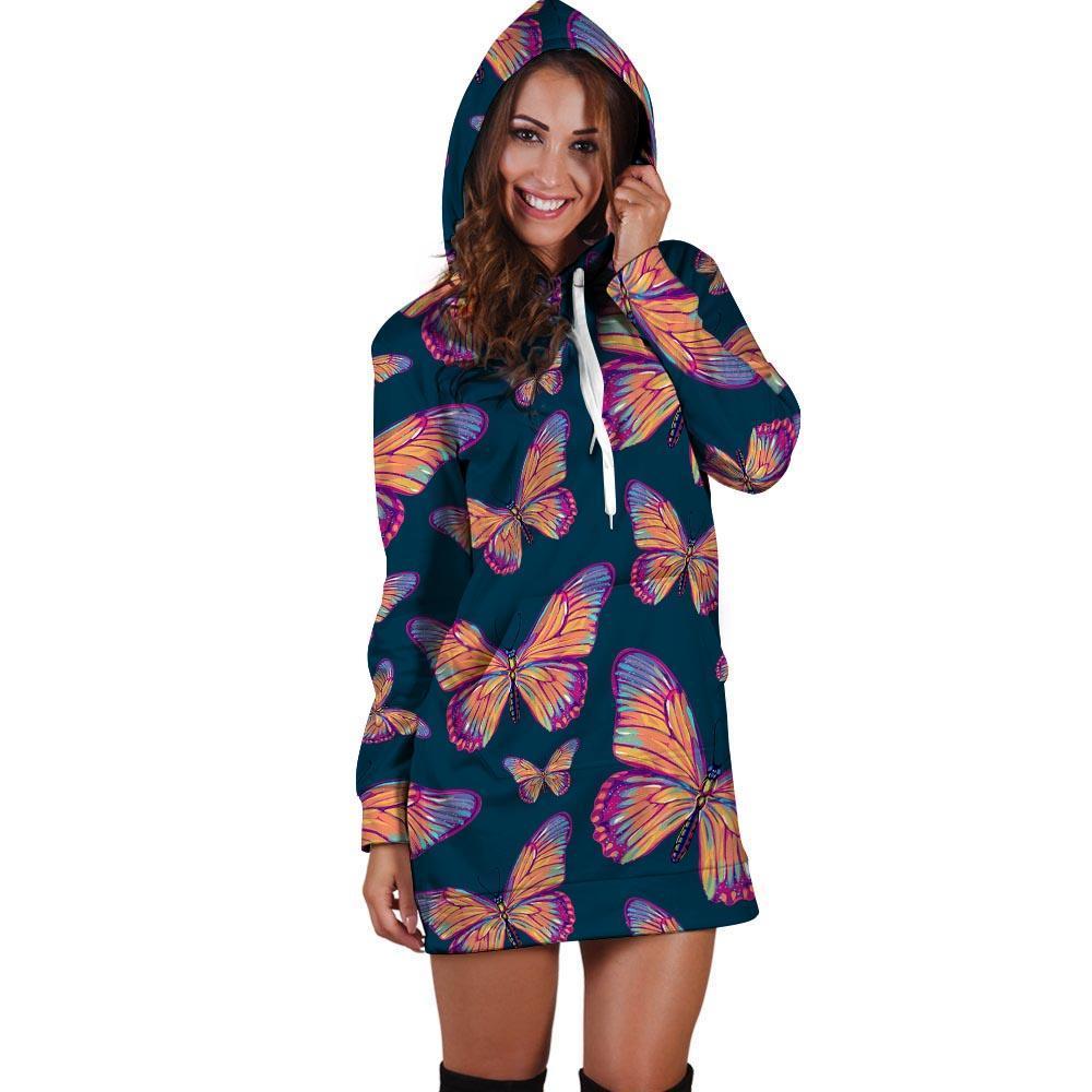 Watercolor Butterfly Print Hoodie Dress-grizzshop