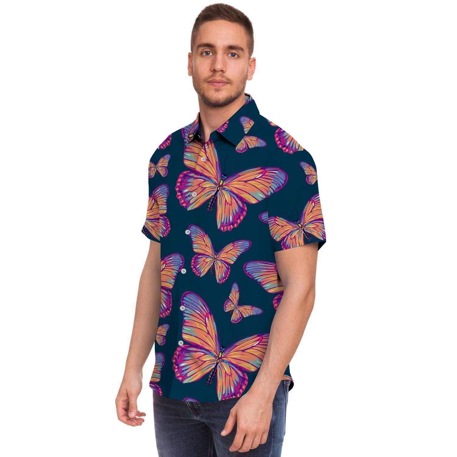 Watercolor Butterfly Print Men's Short Sleeve Shirt-grizzshop