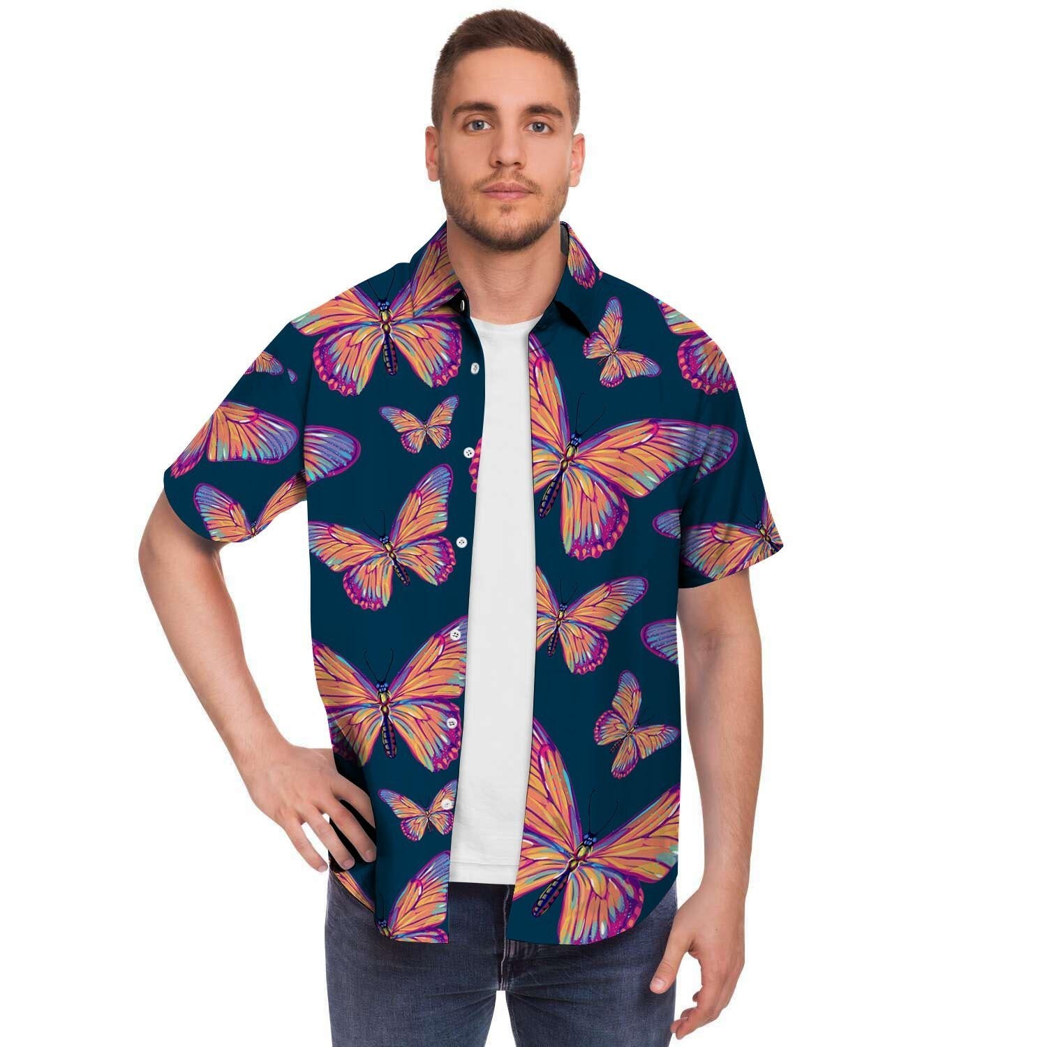 Watercolor Butterfly Print Men's Short Sleeve Shirt-grizzshop