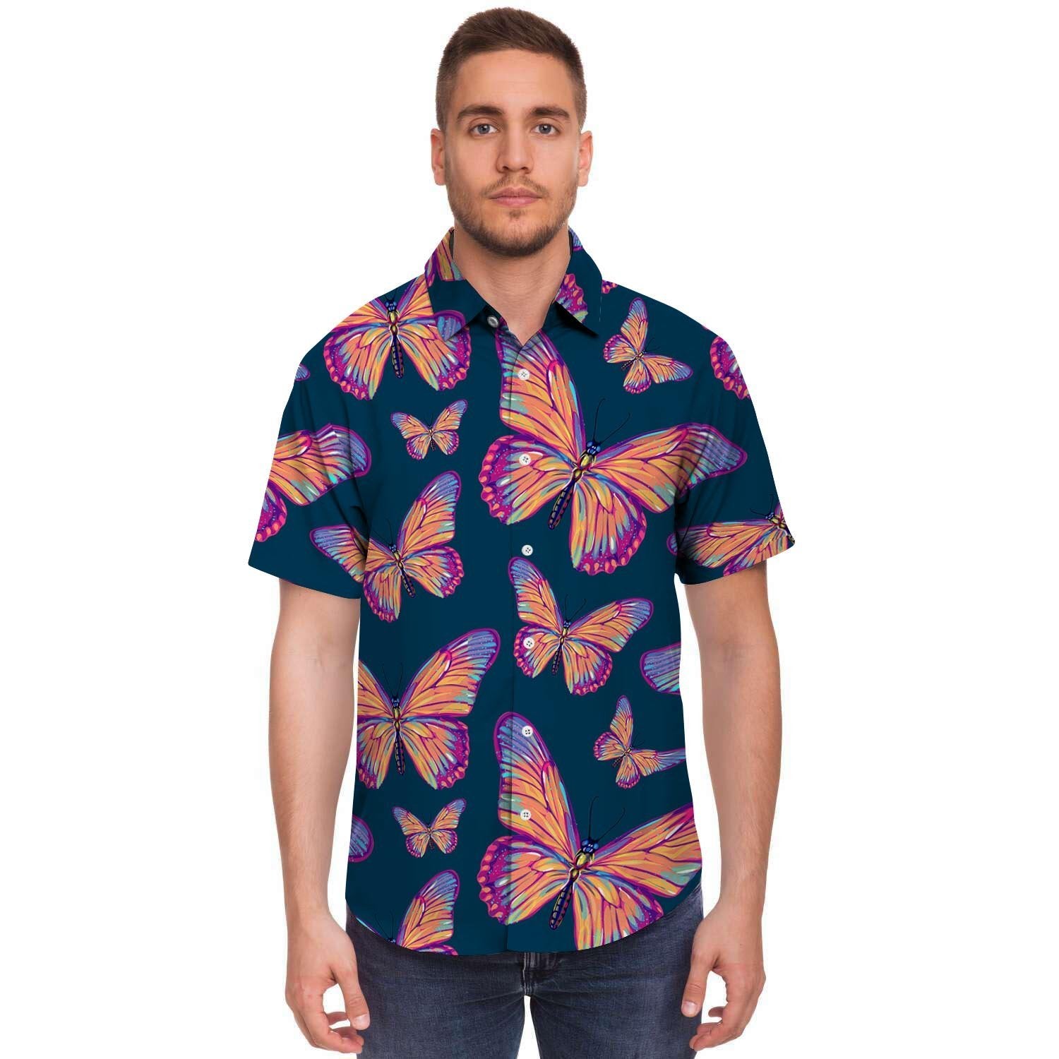 Watercolor Butterfly Print Men's Short Sleeve Shirt-grizzshop