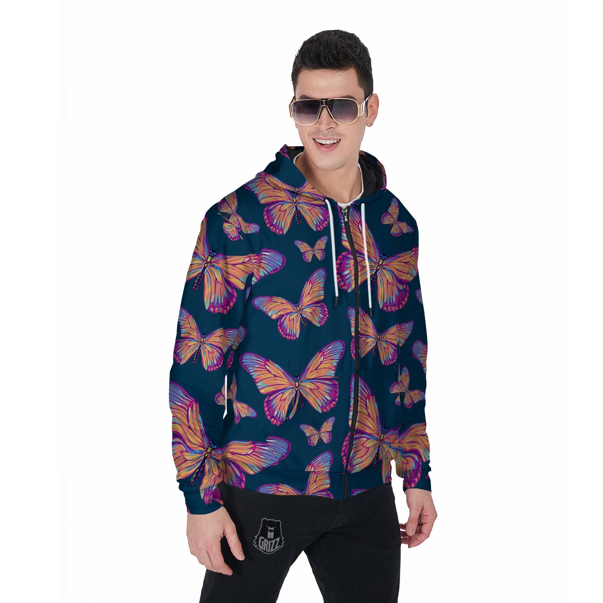 Watercolor Butterfly Print Men's Zip Up Hoodie-grizzshop