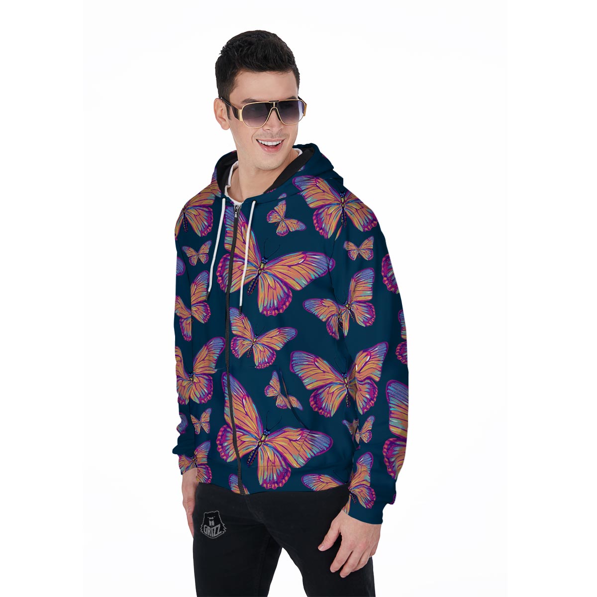 Watercolor Butterfly Print Men's Zip Up Hoodie-grizzshop