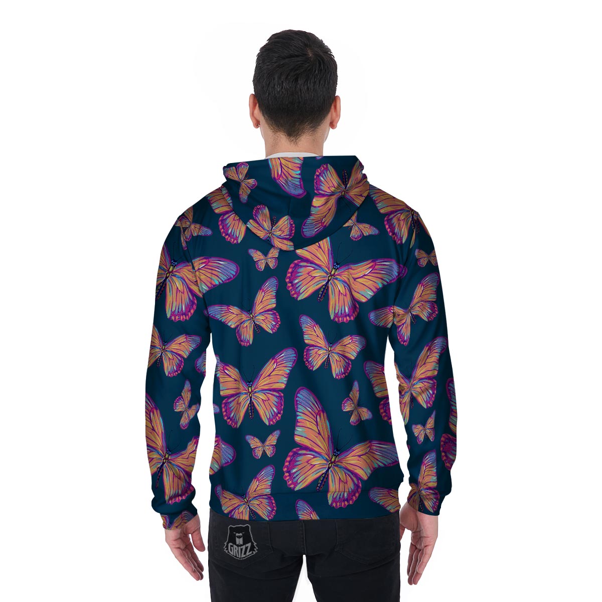 Watercolor Butterfly Print Men's Zip Up Hoodie-grizzshop