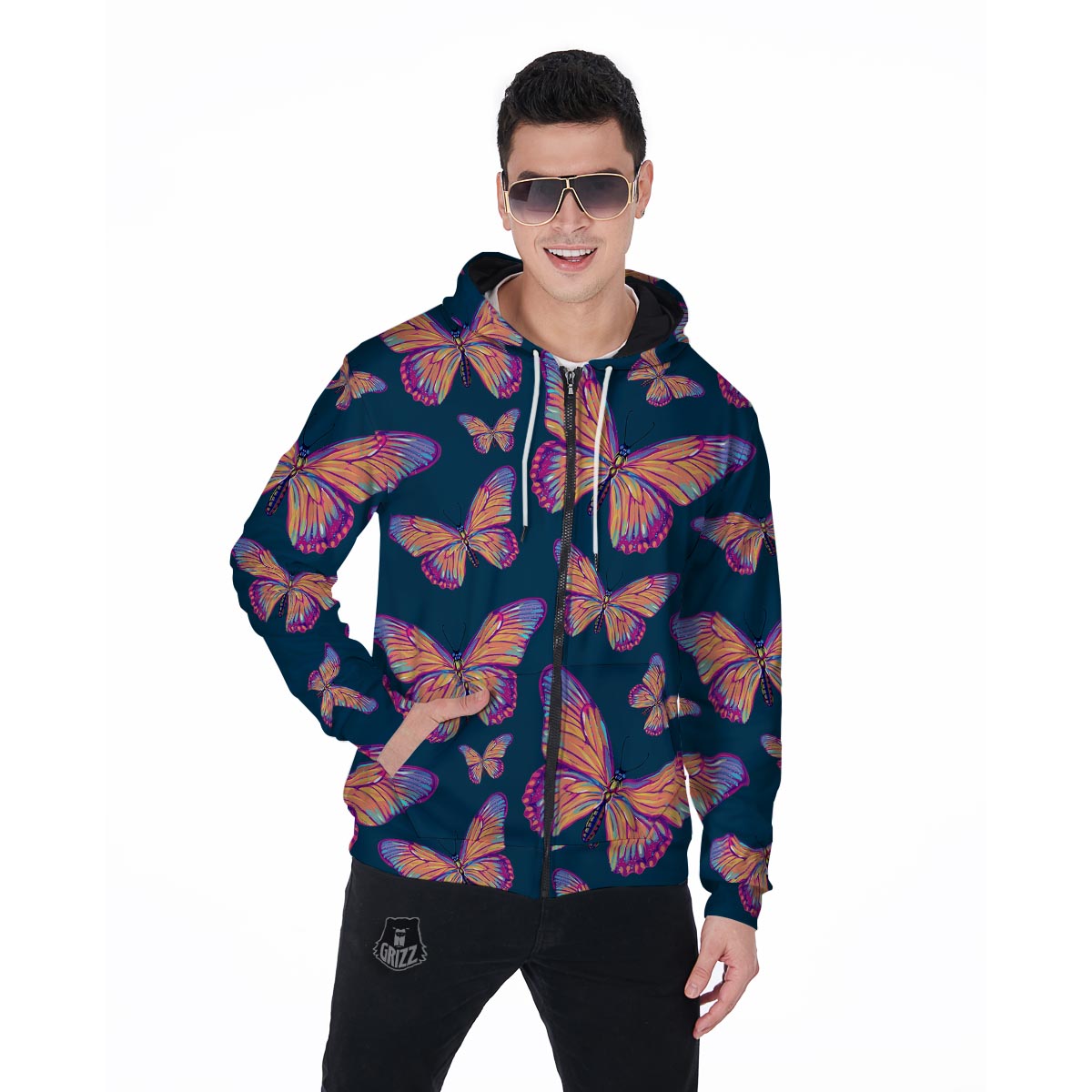 Watercolor Butterfly Print Men's Zip Up Hoodie-grizzshop