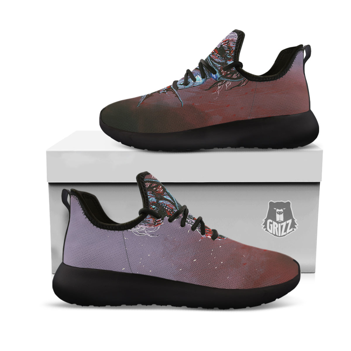 Watercolor Creepy Monsters Open Mouth Print Black Athletic Shoes-grizzshop