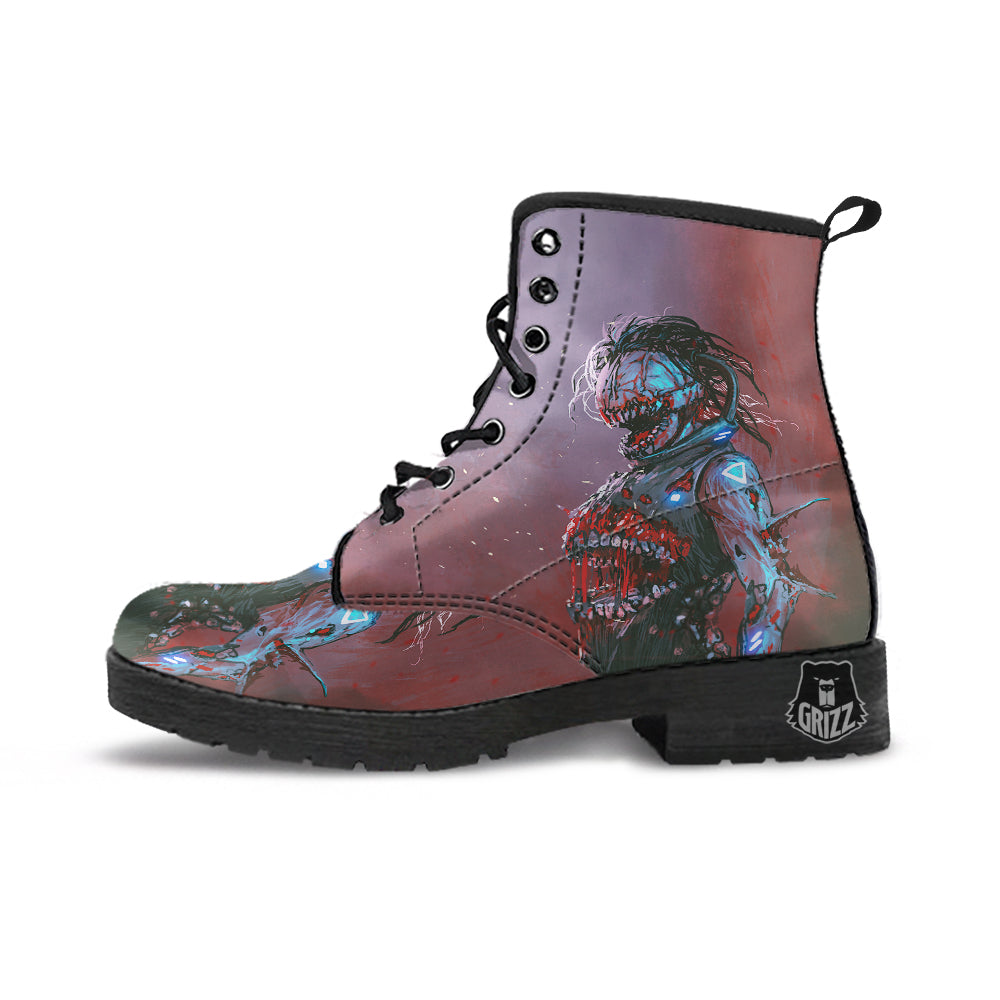 Watercolor Creepy Monsters Open Mouth Print Leather Boots-grizzshop