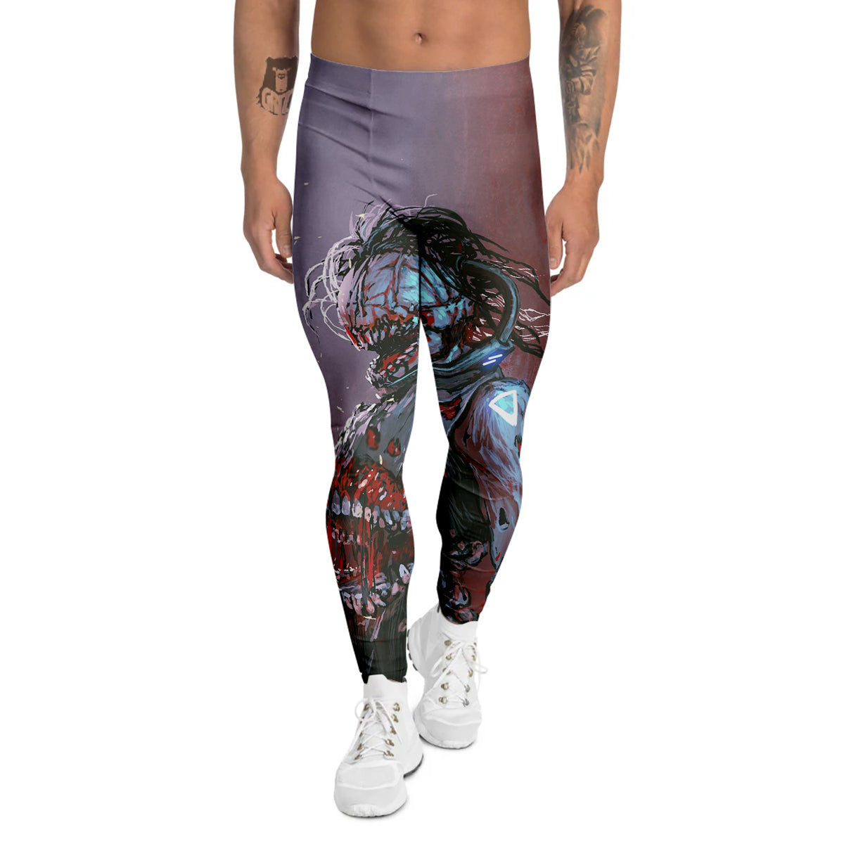 Watercolor Creepy Monsters Open Mouth Print Men's Leggings-grizzshop