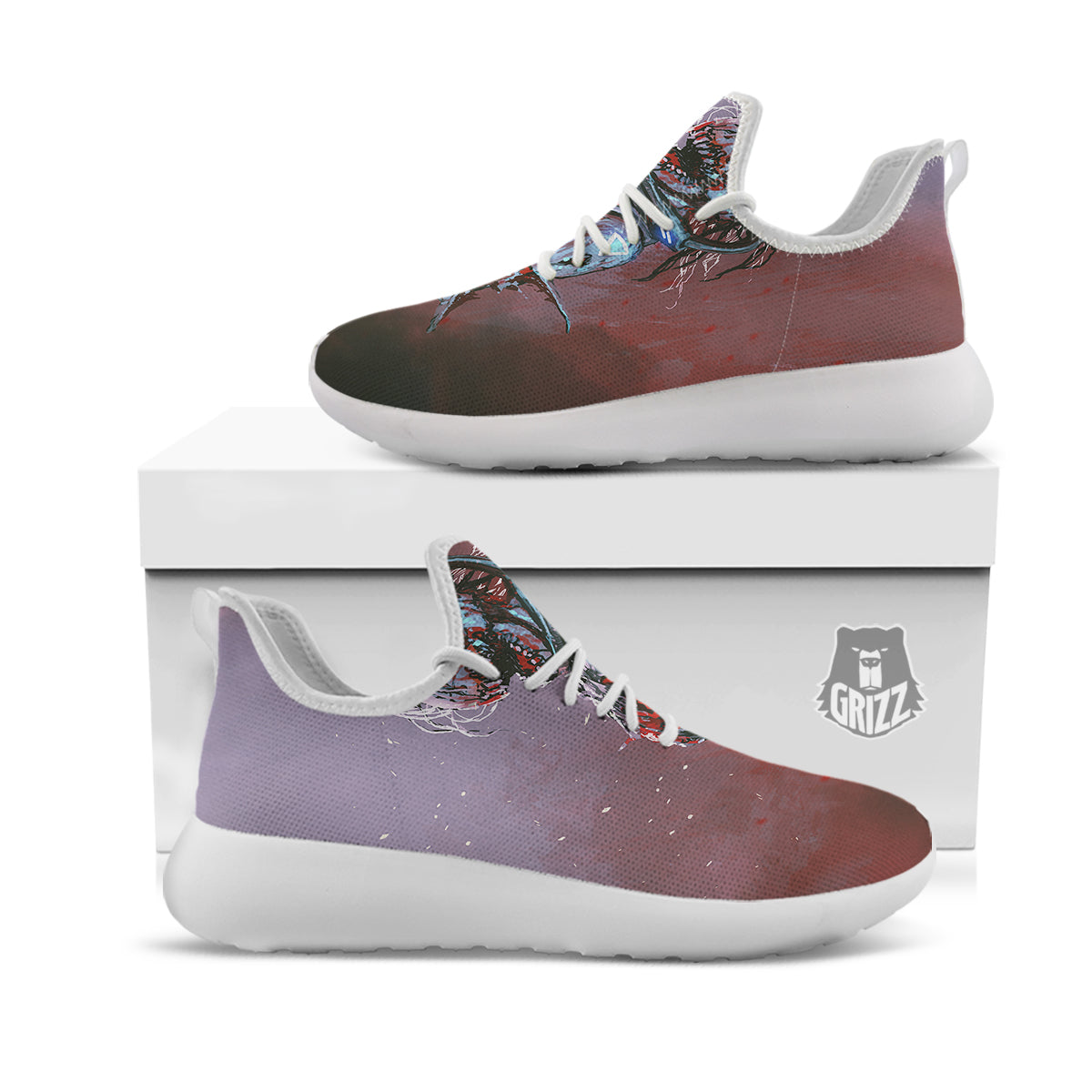 Watercolor Creepy Monsters Open Mouth Print White Athletic Shoes-grizzshop