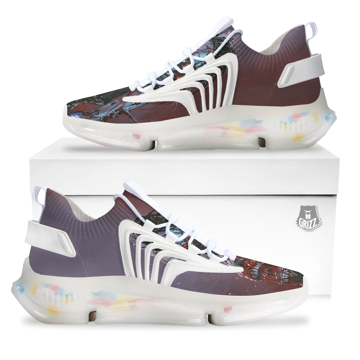 Watercolor Creepy Monsters Open Mouth Print White Gym Shoes-grizzshop