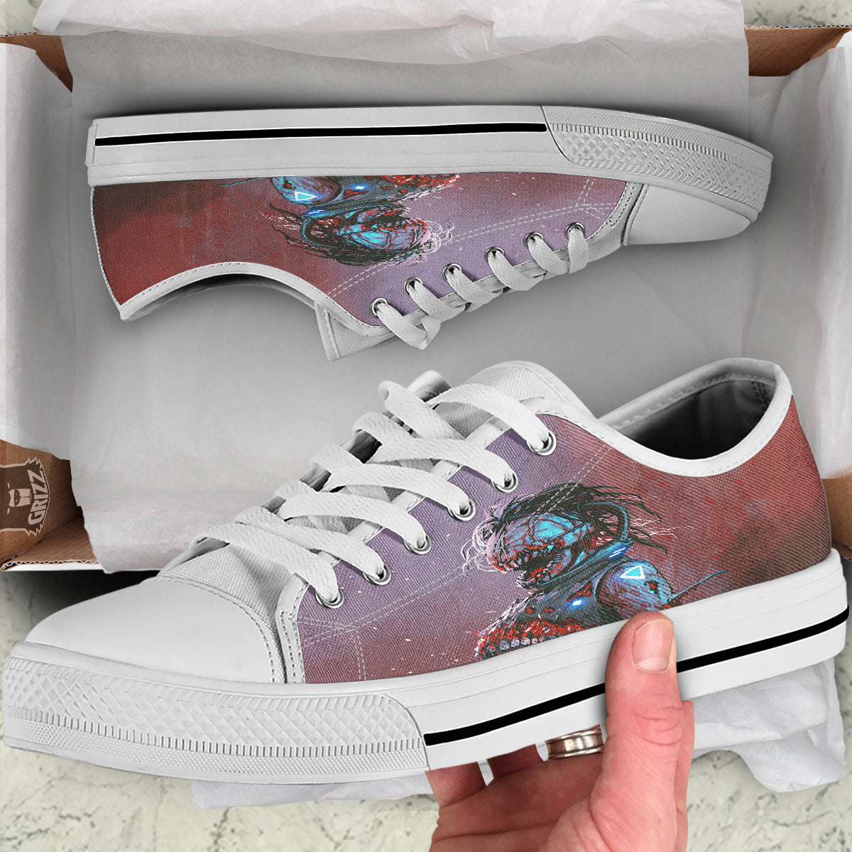 Watercolor Creepy Monsters Open Mouth Print White Low Top Shoes-grizzshop