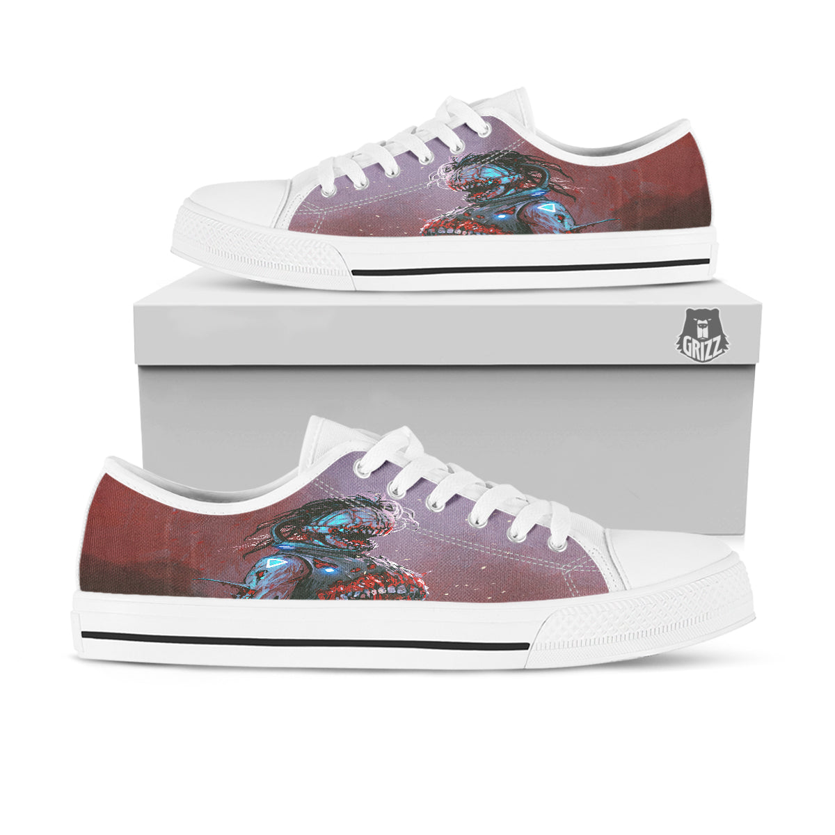 Watercolor Creepy Monsters Open Mouth Print White Low Top Shoes-grizzshop