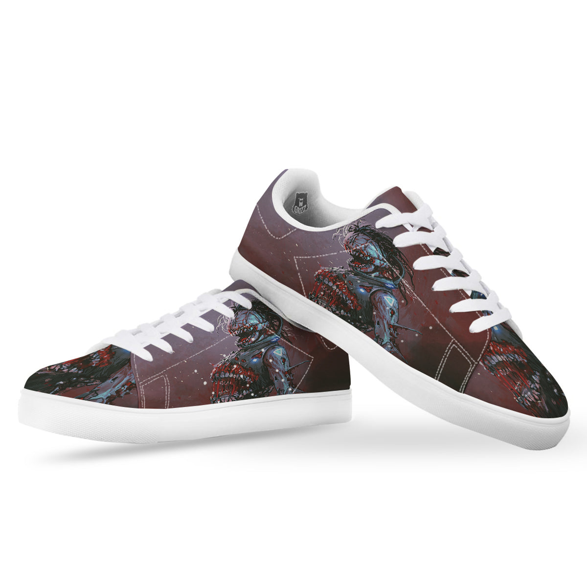 Watercolor Creepy Monsters Open Mouth Print White Low Top Sneakers-grizzshop
