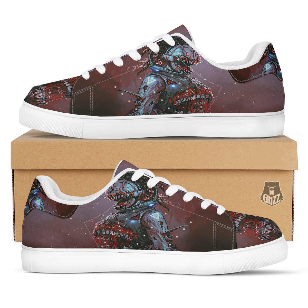 Watercolor Creepy Monsters Open Mouth Print White Low Top Sneakers-grizzshop