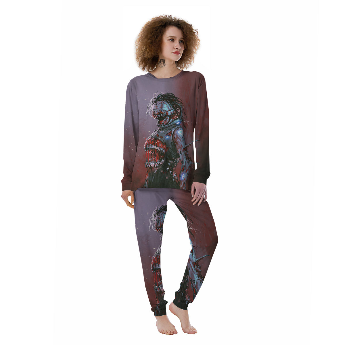 Watercolor Creepy Monsters Open Mouth Print Women's Pajamas-grizzshop