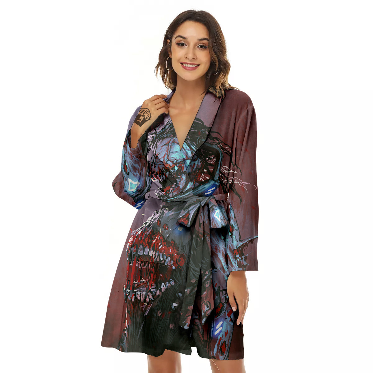 Watercolor Creepy Monsters Open Mouth Print Women's Robe-grizzshop