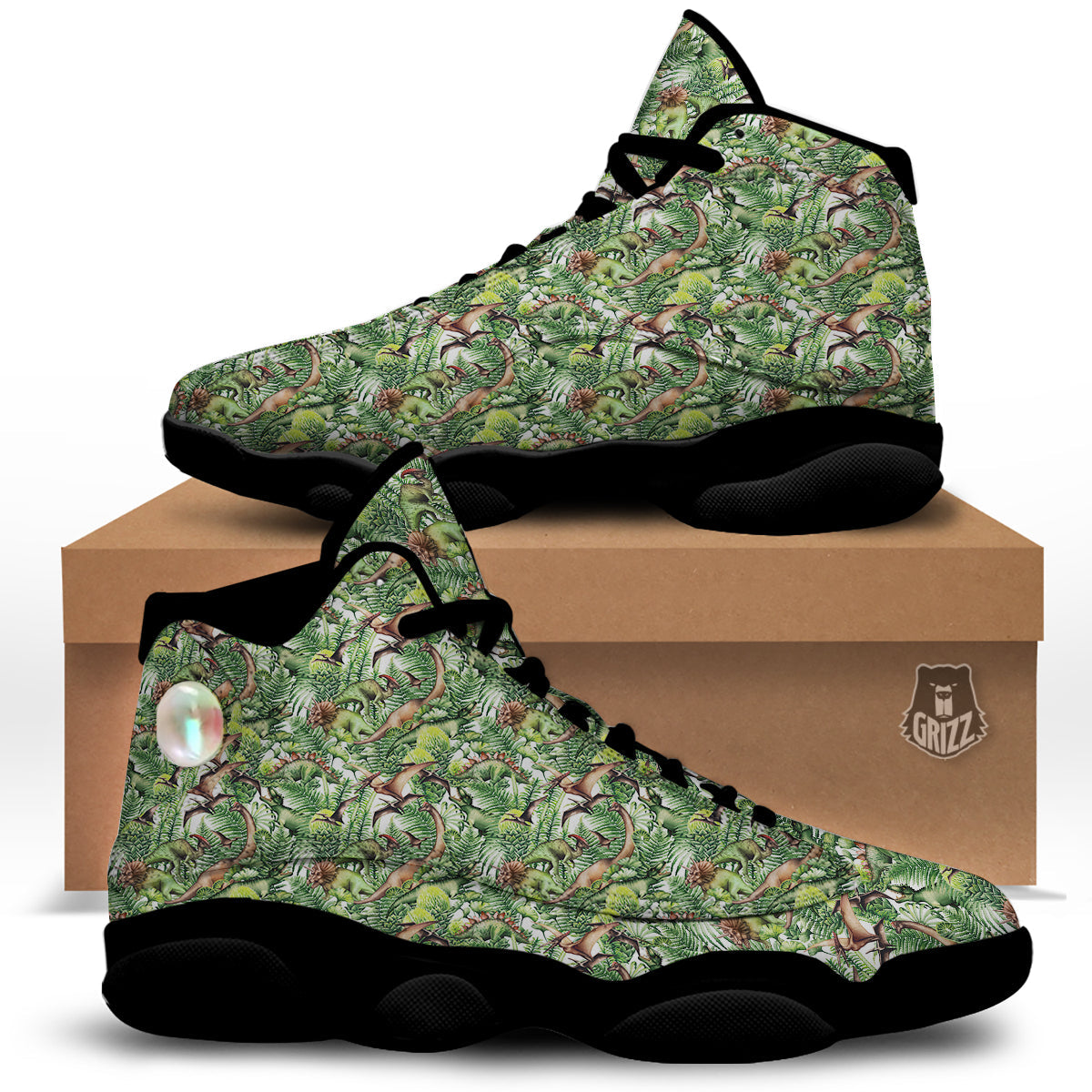 Watercolor Dinosaurs Plants Print Pattern Black Basketball Shoes-grizzshop