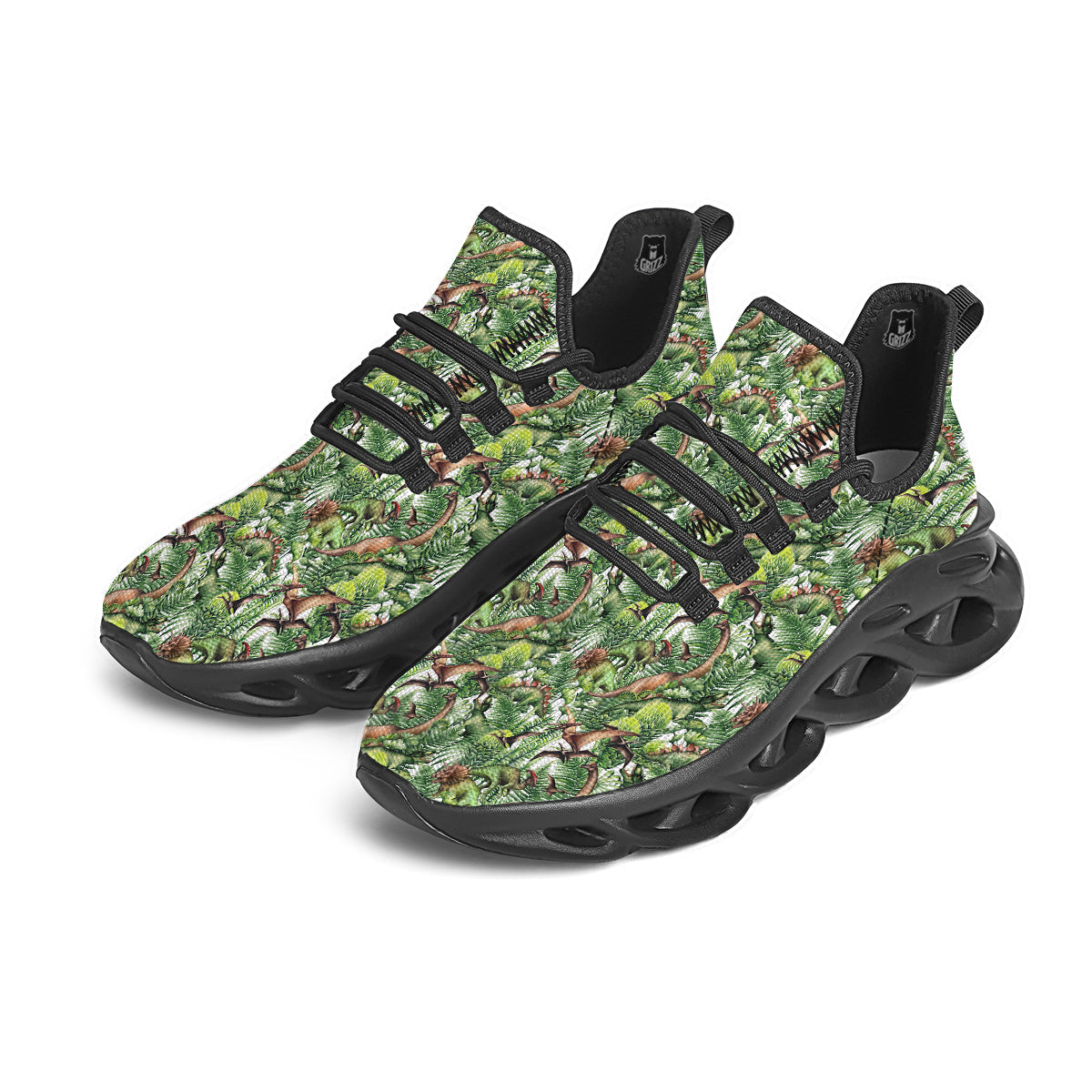 Watercolor Dinosaurs Plants Print Pattern Black Running Shoes-grizzshop