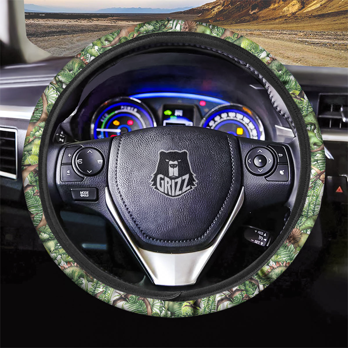 Watercolor Dinosaurs Plants Print Pattern Car Steering Wheel Cover-grizzshop