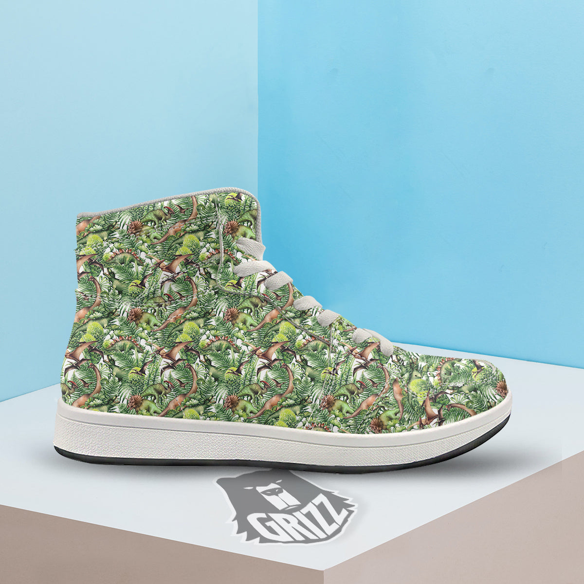 Watercolor Dinosaurs Plants Print Pattern High Top Sneakers-grizzshop