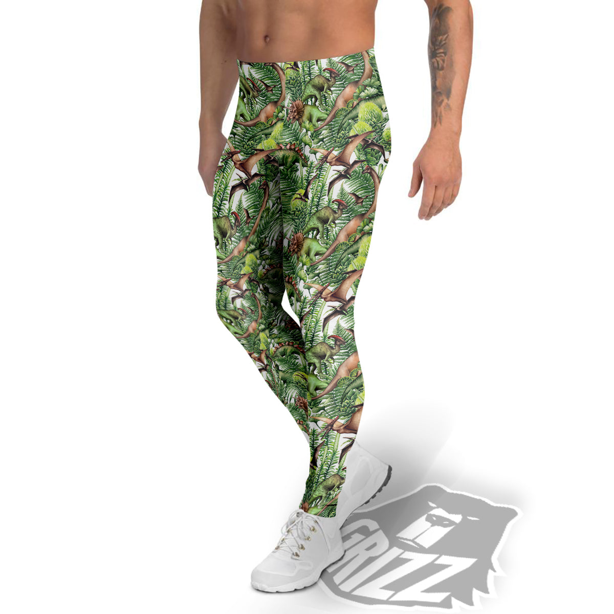 Watercolor Dinosaurs Plants Print Pattern Men's Leggings-grizzshop