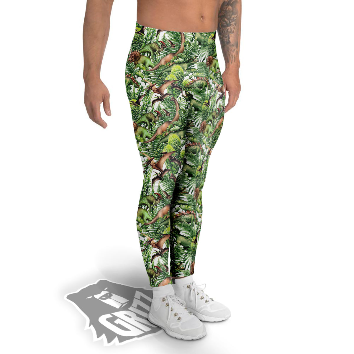 Watercolor Dinosaurs Plants Print Pattern Men's Leggings-grizzshop