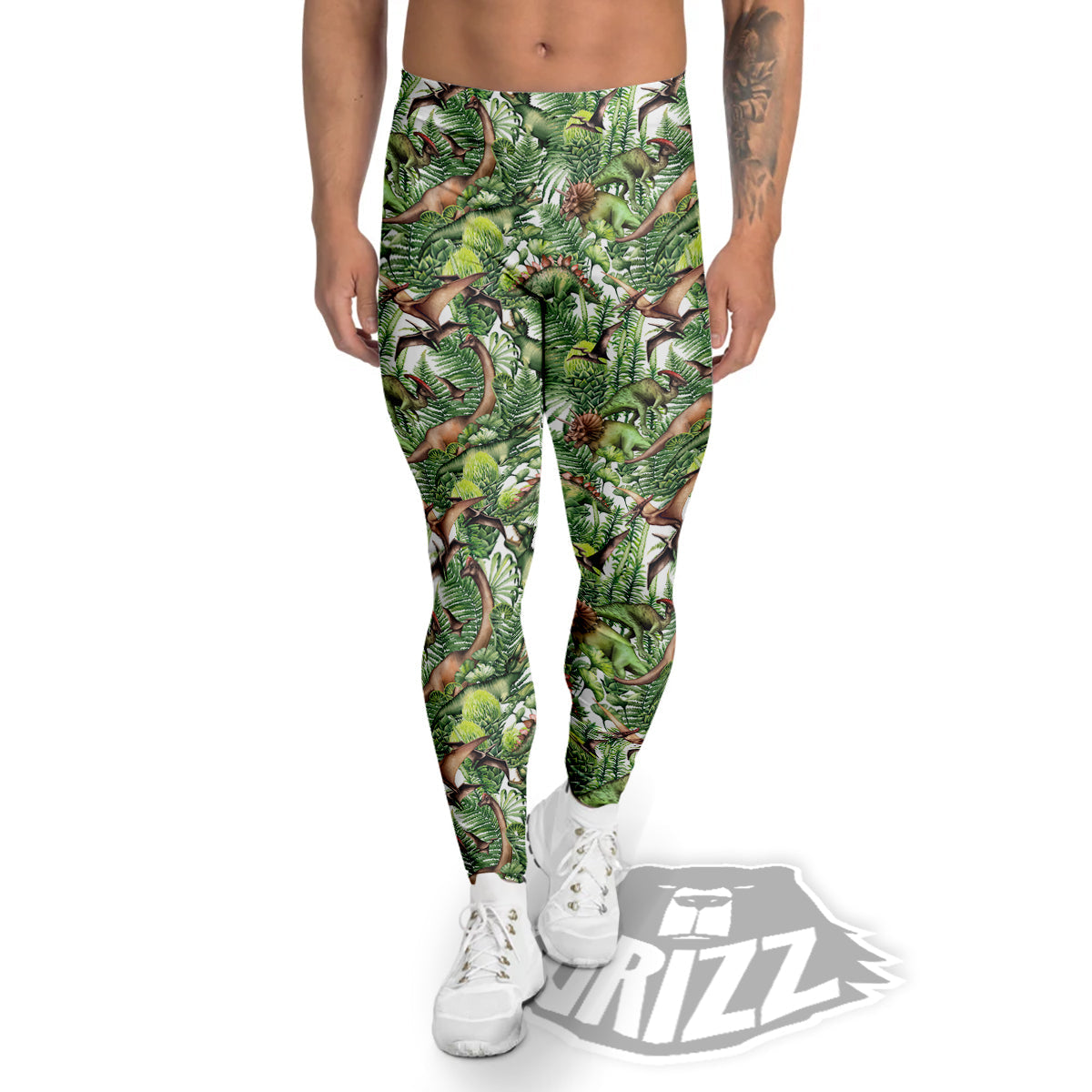 Watercolor Dinosaurs Plants Print Pattern Men's Leggings-grizzshop