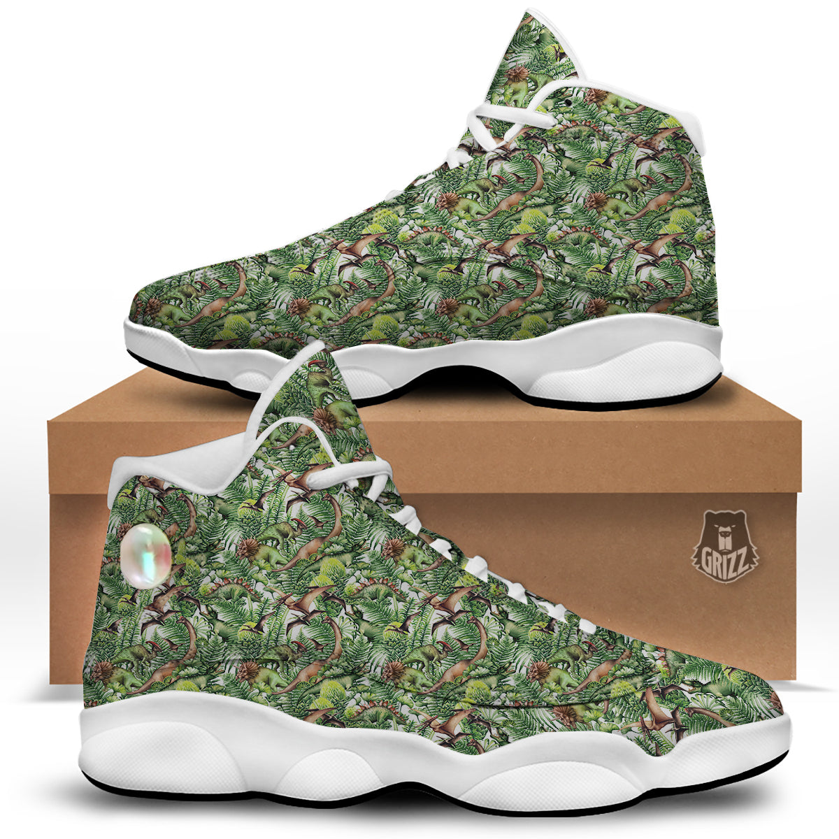 Watercolor Dinosaurs Plants Print Pattern White Basketball Shoes-grizzshop