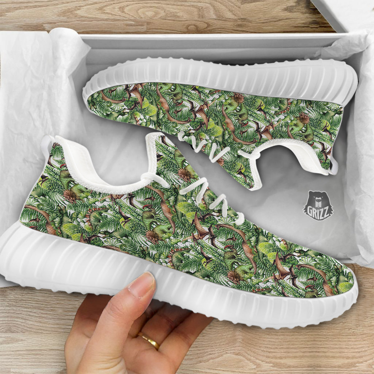 Watercolor Dinosaurs Plants Print Pattern White Walking Shoes-grizzshop