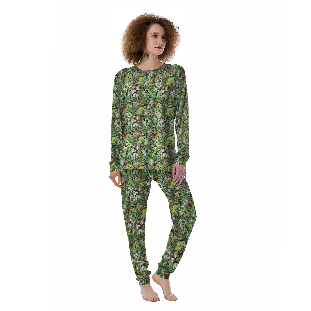 Watercolor Dinosaurs Plants Print Pattern Women's Pajamas-grizzshop