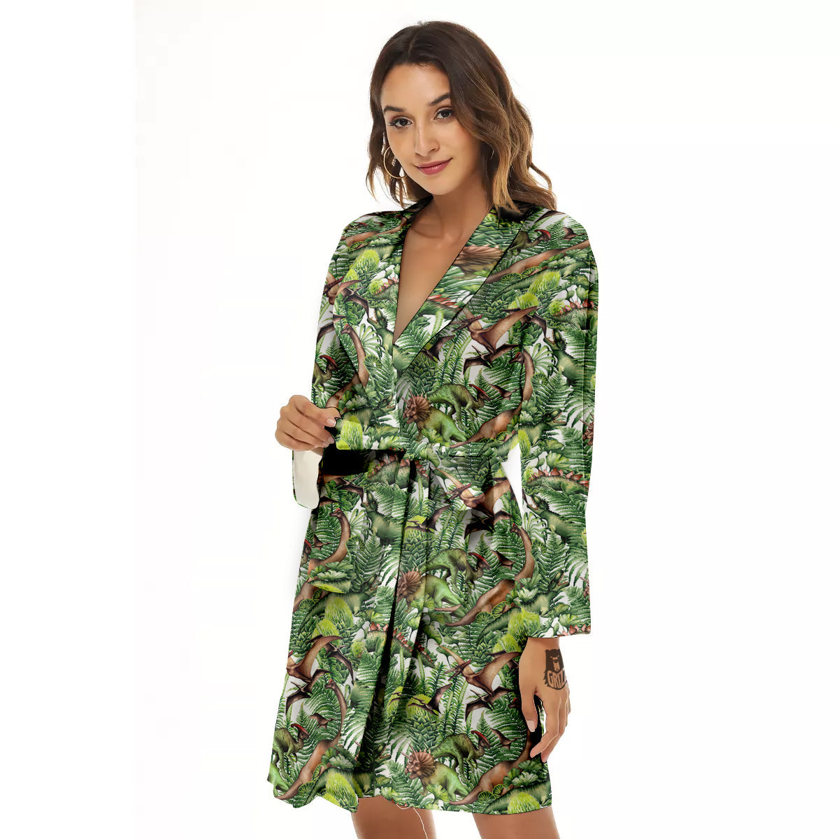 Watercolor Dinosaurs Plants Print Pattern Women's Robe-grizzshop