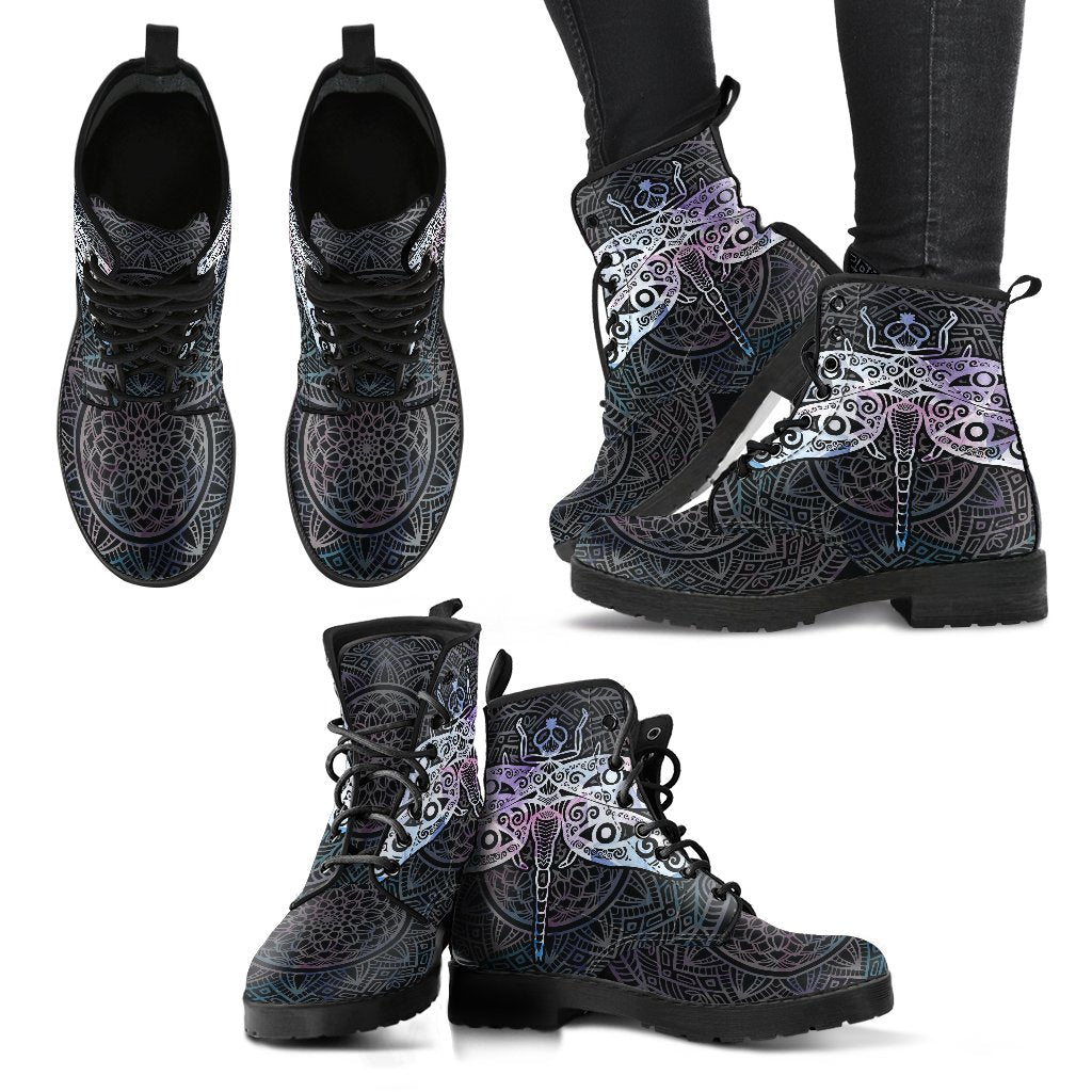 Watercolor Dragonfly Mandala Women's Leather Boots-grizzshop