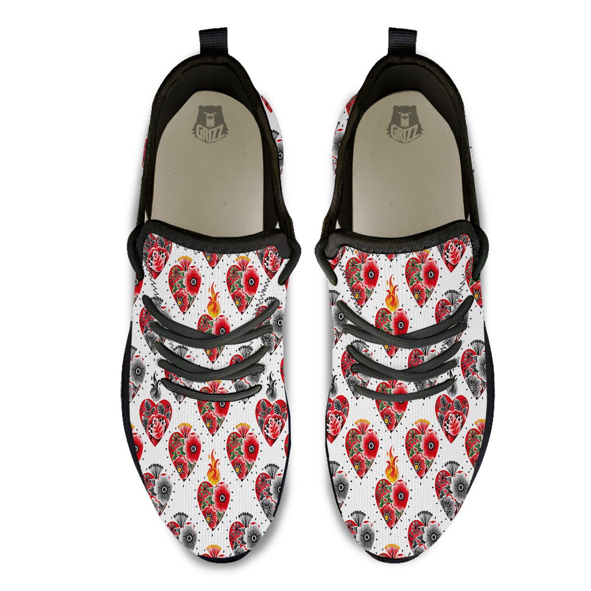 Watercolor Flaming Heart Tattoo Print Pattern Black Athletic Shoes-grizzshop