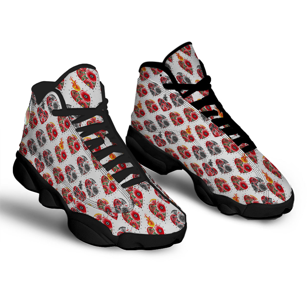 Watercolor Flaming Heart Tattoo Print Pattern Black Basketball Shoes-grizzshop
