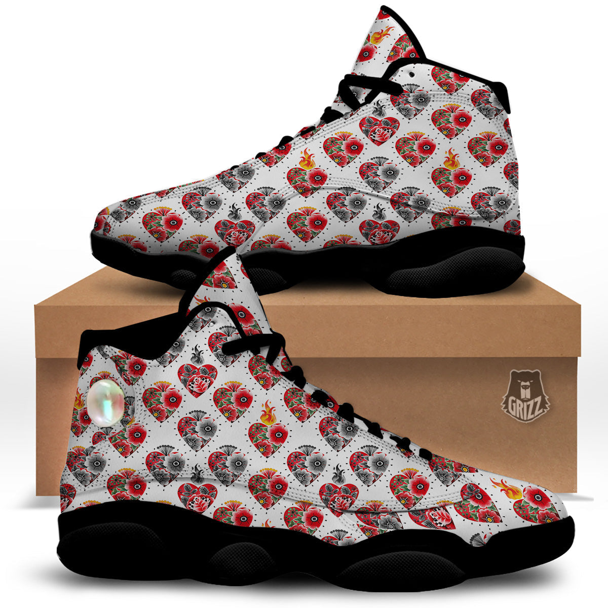 Watercolor Flaming Heart Tattoo Print Pattern Black Basketball Shoes-grizzshop